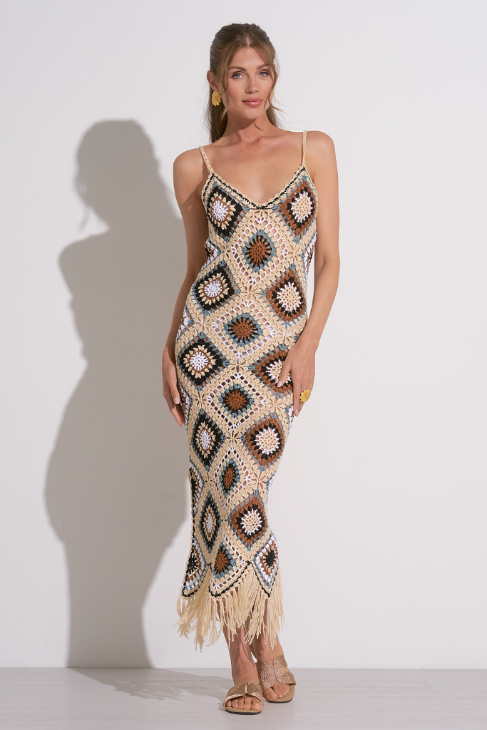 Aurora Crochet Midi Dress in Natural