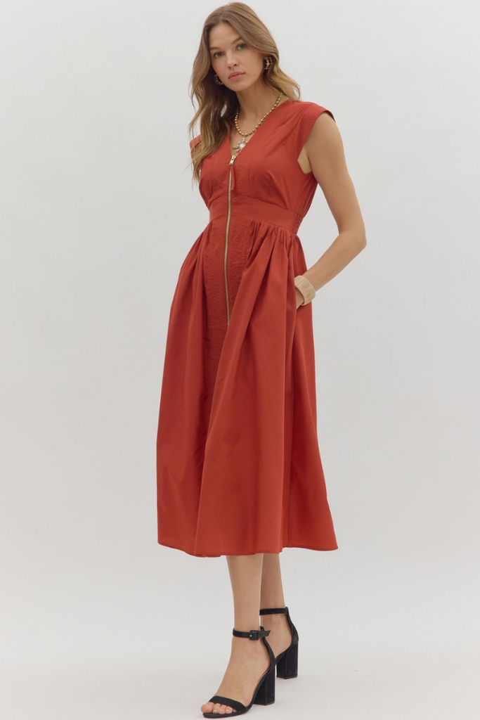 Elizabeth Zip Front Midi Dress in Brick