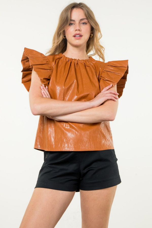 Josie Vegan Leather Flutter Sleeve Top in Camel