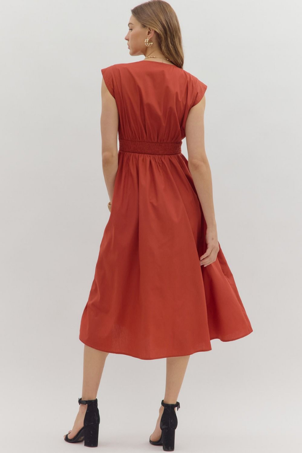 Elizabeth Zip Front Midi Dress in Brick – ivy & leo