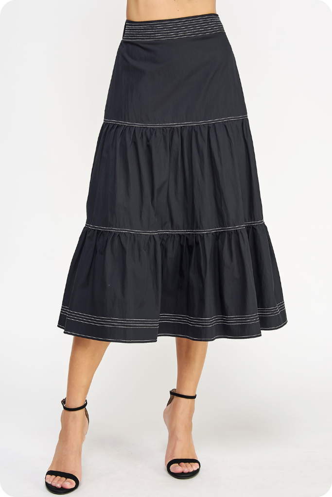 Cami Tiered Midi Skirt in Black