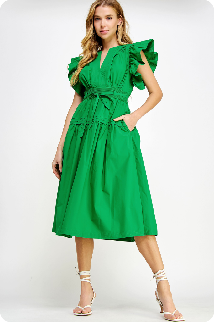 Audrey Flutter Sleeve Midi Dress in Emerald