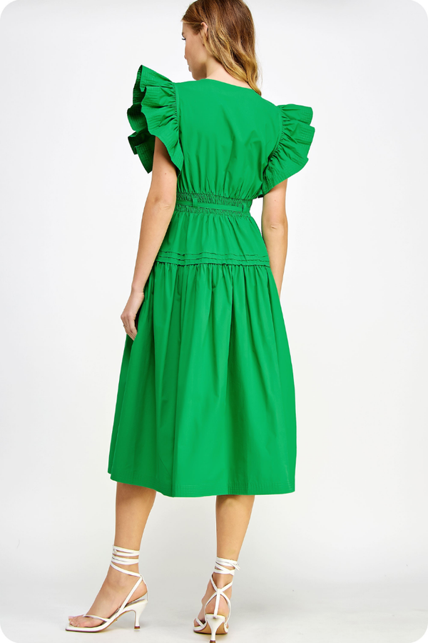 Audrey Flutter Sleeve Midi Dress in Emerald