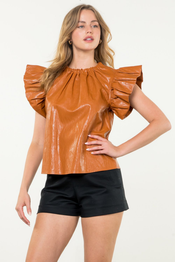 Josie Vegan Leather Flutter Sleeve Top in Camel