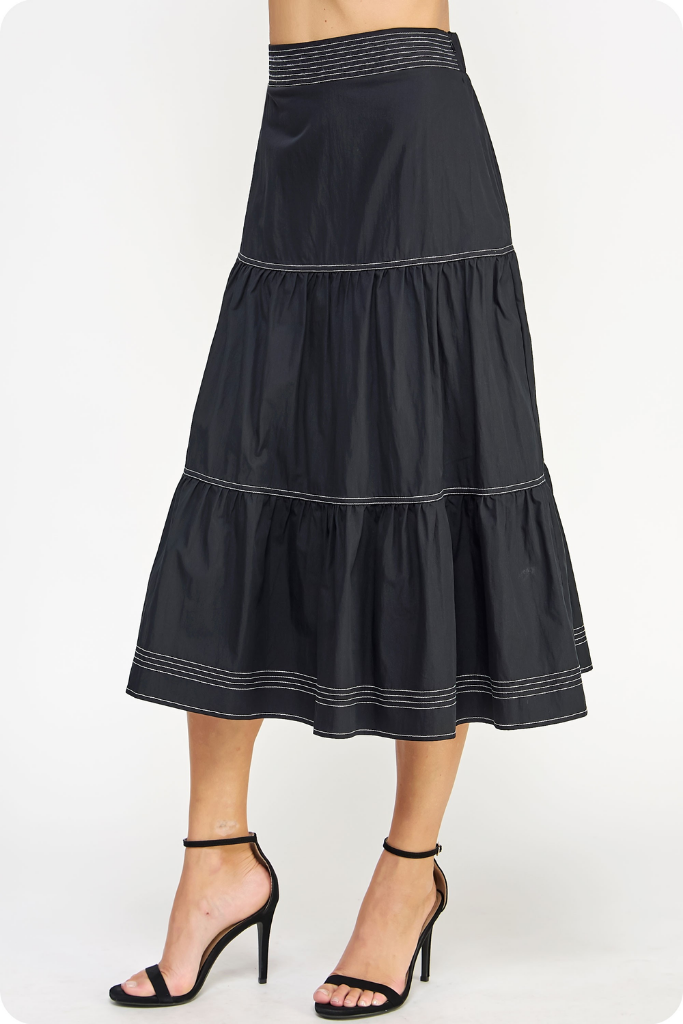 Cami Tiered Midi Skirt in Black