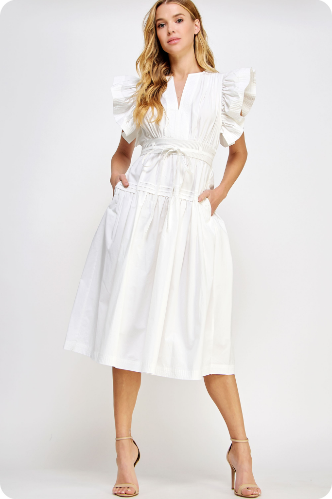 Audrey Flutter Sleeve Midi Dress in Off White