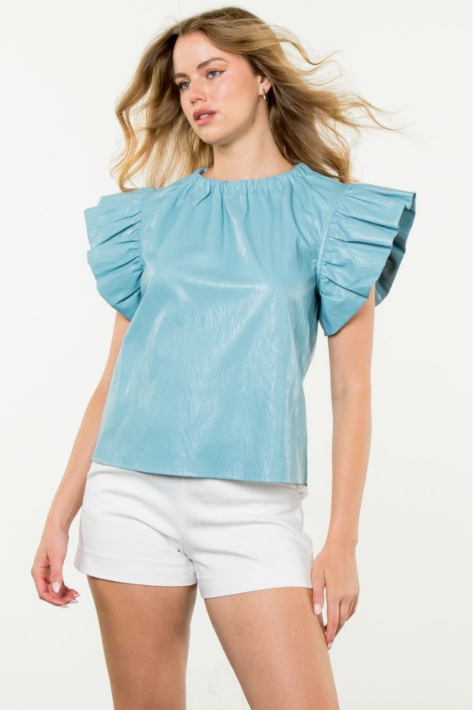 Josie Vegan Leather Flutter Sleeve Top in Light Blue