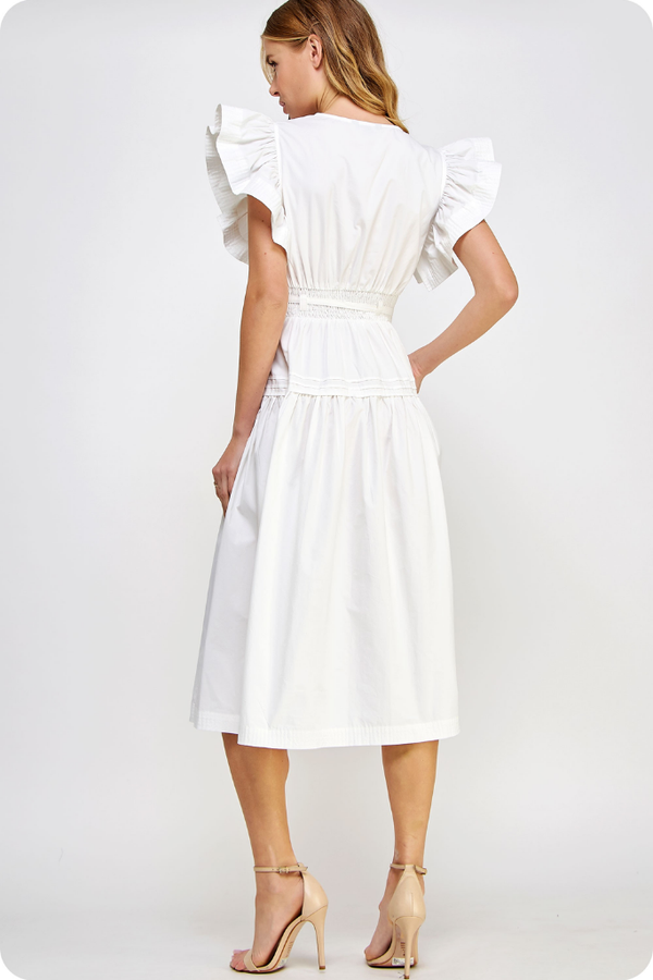 Audrey Flutter Sleeve Midi Dress in Off White