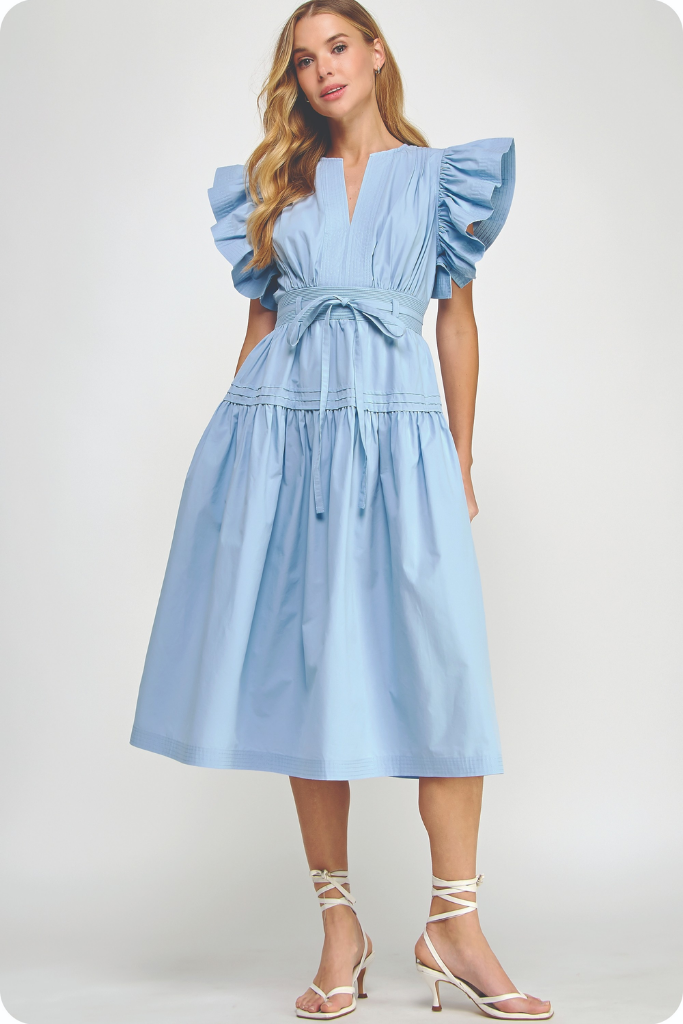 Audrey Flutter Sleeve Midi Dress in Chambray