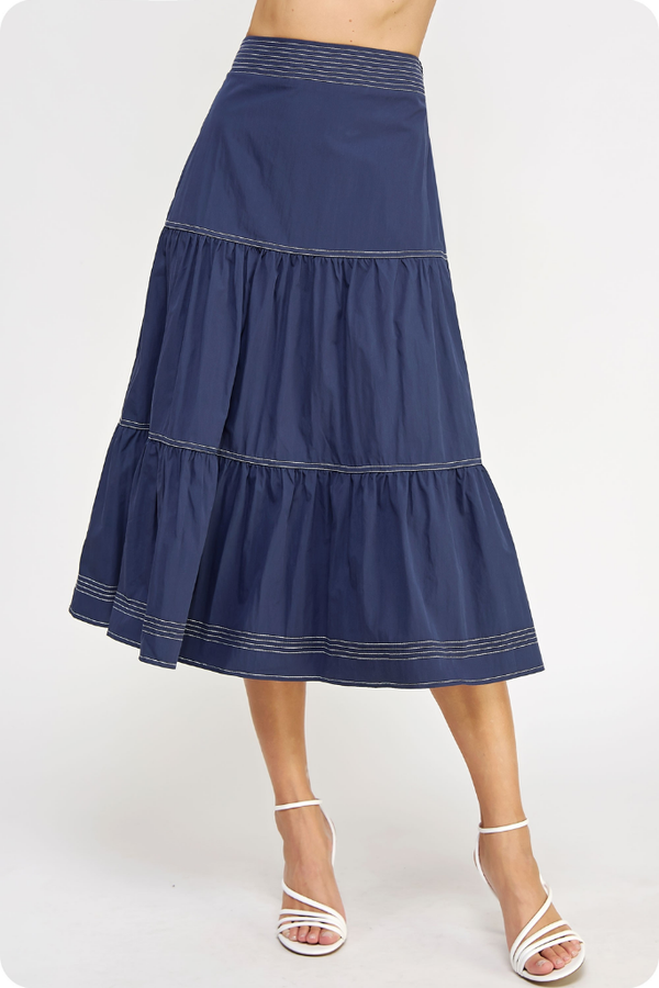 Cami Tiered Midi Skirt in Navy