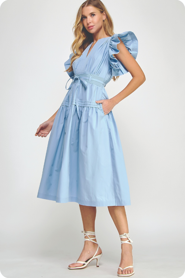 Audrey Flutter Sleeve Midi Dress in Chambray