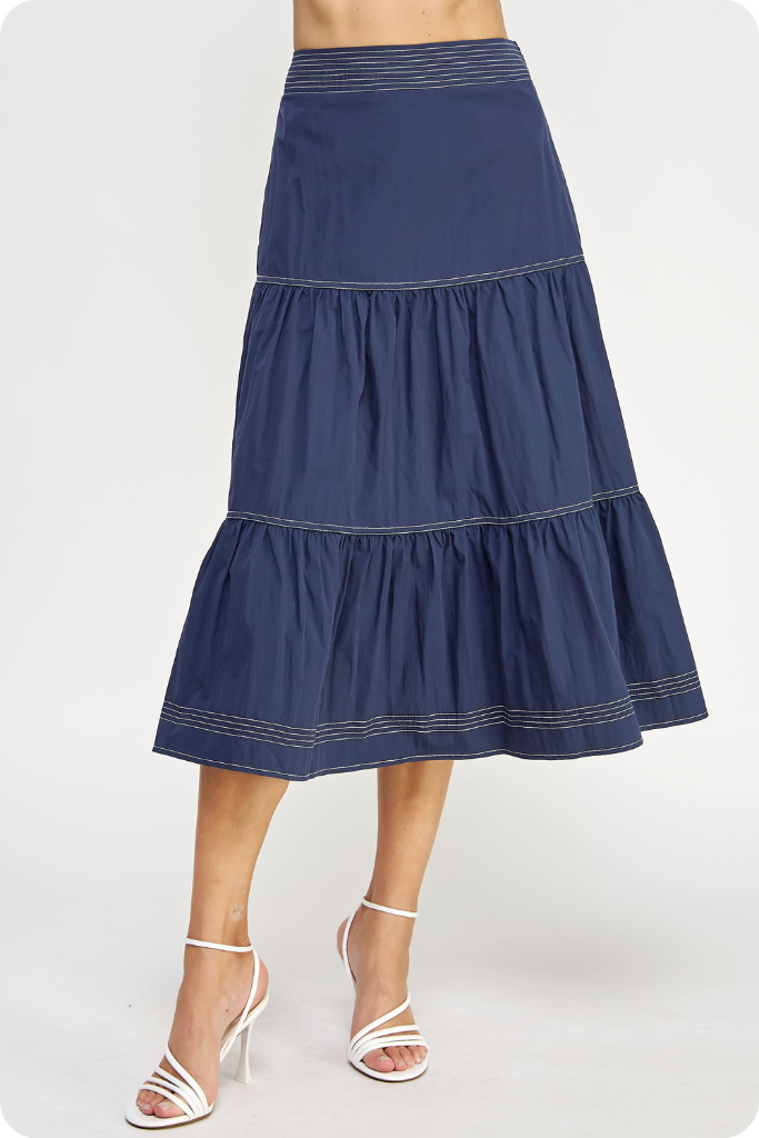 Cami Tiered Midi Skirt in Navy