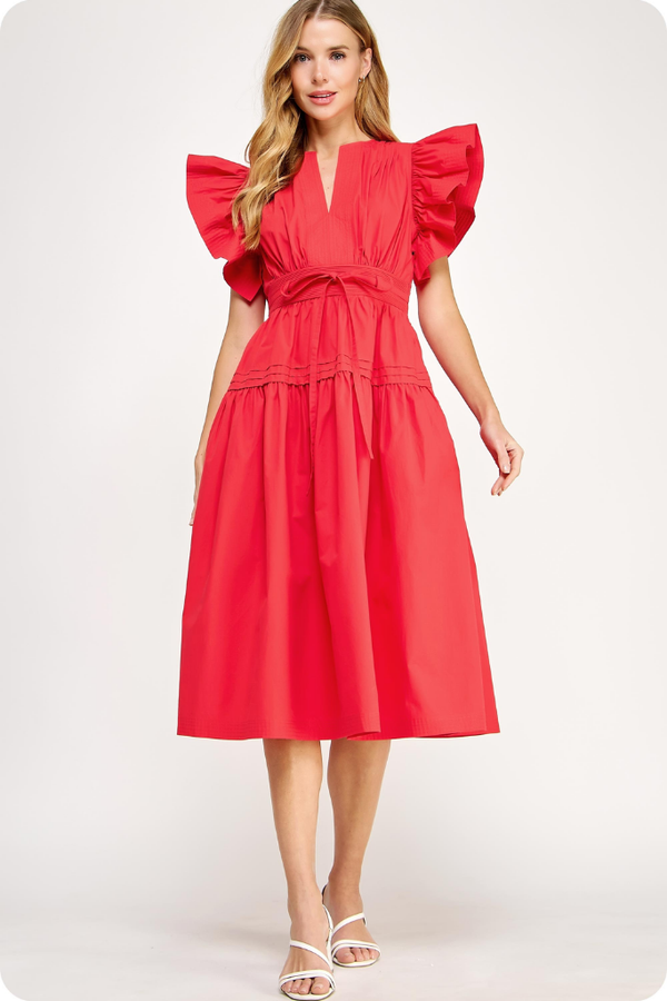 Audrey Flutter Sleeve Midi Dress in Red