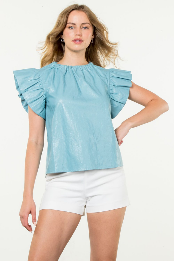 Josie Vegan Leather Flutter Sleeve Top in Light Blue