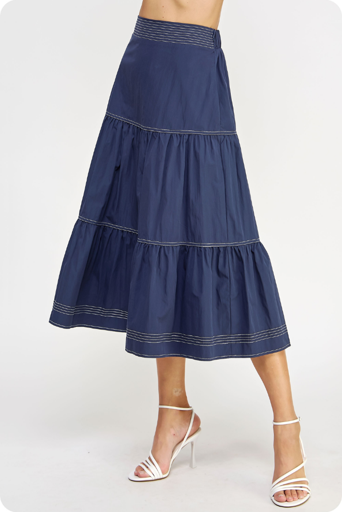 Cami Tiered Midi Skirt in Navy