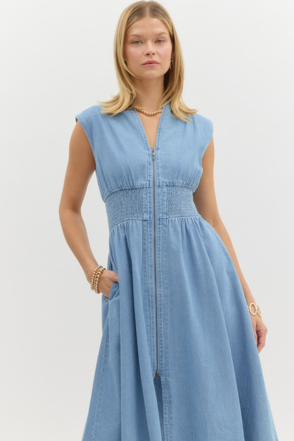 Elizabeth Denim Zip Front Midi Dress