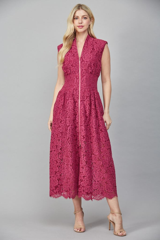 Lila zip front lace dress in Merlot