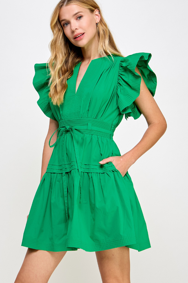 green emerald velvet dress Taesha Square-Neck Structured Tulip Mini Dress in Khaki Green